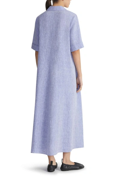 Shop Lafayette 148 Short Sleeve Linen Popover Midi Dress In Lapis Blue Melange