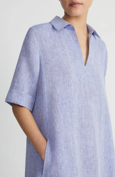 Shop Lafayette 148 Short Sleeve Linen Popover Midi Dress In Lapis Blue Melange