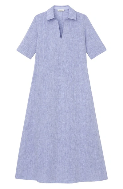 Shop Lafayette 148 New York Short Sleeve Linen Popover Midi Dress In Lapis Blue Melange