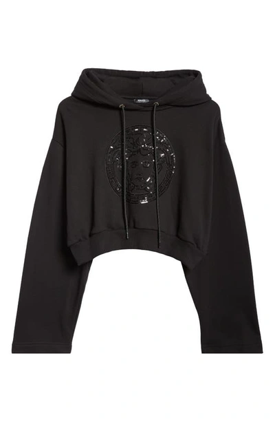 Shop Versace Medusa Sequin Embellished Crop Cotton Hoodie In Black