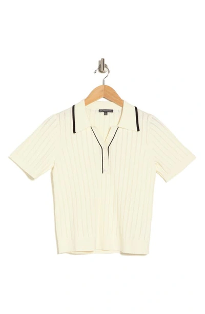 Shop Adrianna Papell Tipped Short Sleeve Polo Sweater In Creamy Ivory/ Black