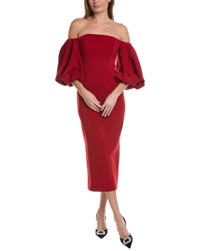Shop Toccin Puff Sleeve Midi Dress In Red