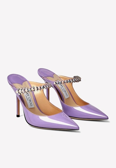 Shop Jimmy Choo Bing 100 Patent Leather Mules With Crystal Strap In Purple