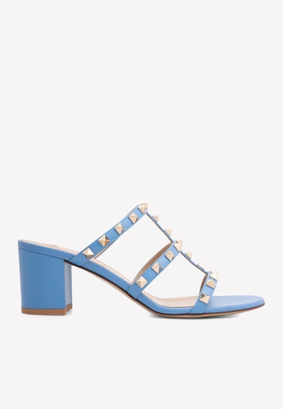 Shop Valentino 65 Rockstud Leather Mules In Blue