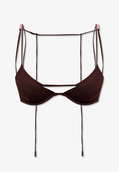 Shop Jacquemus Barco Bead-embellished Bikini Top In Brown