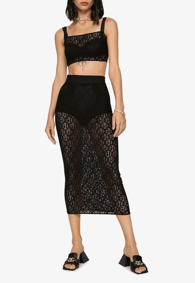 Dolce & Gabbana All-over Dg Logo Tulle Midi Skirt In Black