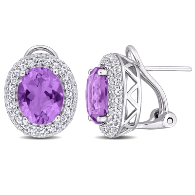 Shop Mimi & Max 5 2/5ct Tgw Oval-cut Amethyst And White Topaz Double Halo Leverback Earrings In Sterling Silver In Purple