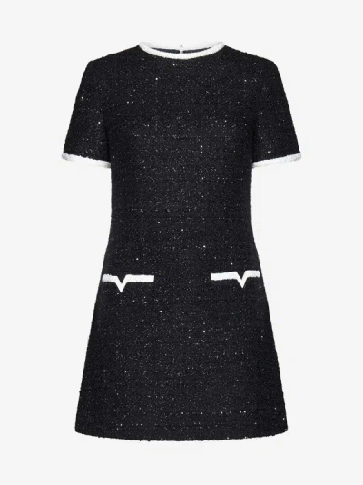 Shop Valentino Lurex Tweed Mini Dress In Black,ivory