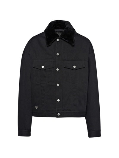 Shop Prada Padded Denim Jacket With Shearling Collar In Black