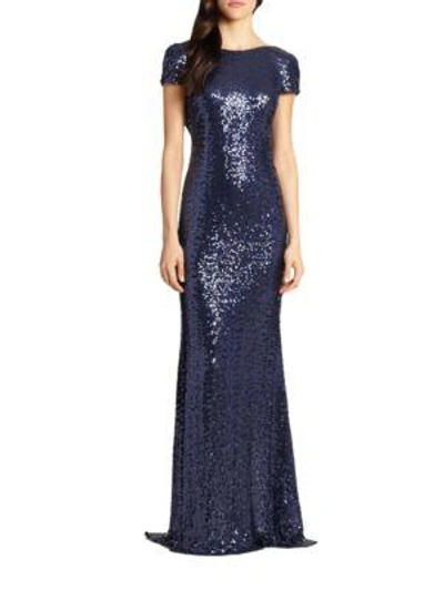 Shop Badgley Mischka Sequined Cowl-back Gown In Navy