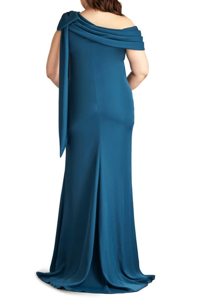 Shop Tadashi Shoji One-shoulder Bow Detail Crepe Gown In Eclipse