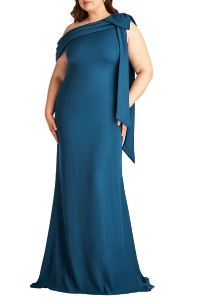 Tadashi Shoji One-shoulder Bow Detail Crepe Gown In Eclipse