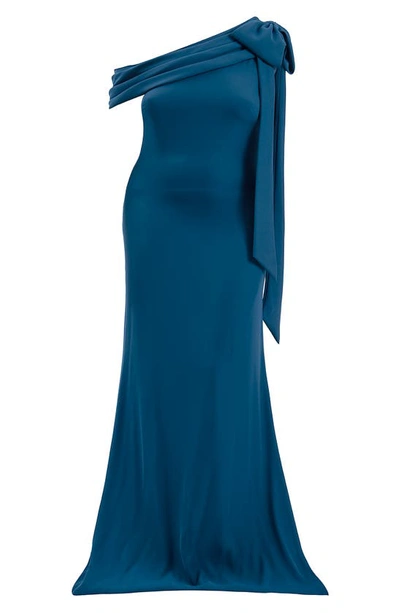 Tadashi Shoji One-shoulder Bow Detail Crepe Gown In Eclipse
