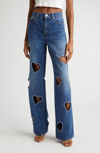 Shop Alice And Olivia Karrie Crystal Heart Cutouts Nonstretch Jeans In True Blues Dark