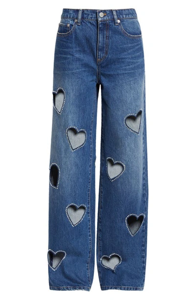 Shop Alice And Olivia Karrie Crystal Heart Cutouts Nonstretch Jeans In True Blues Dark