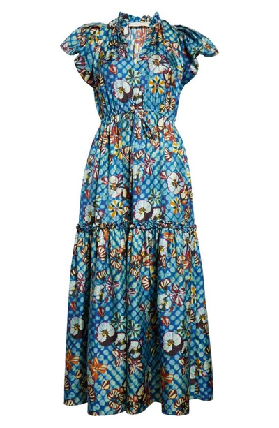Shop Ulla Johnson Scarlett Floral Shibori Mixed Print Silk Midi Dress In Azul