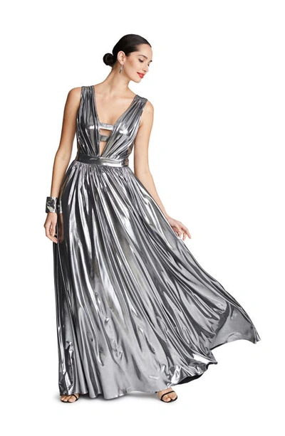 Shop Halston Titania Foil Jersey Sleeveless Gown In Luster