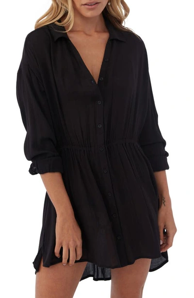 Shop O'neill Cami Long Sleeve Cover-up Shirtdress In Black