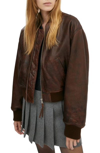 Shop Mango Leather Bomber Jacket In Brown