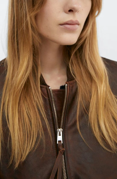 Shop Mango Leather Bomber Jacket In Brown