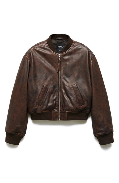 Shop Mango Leather Bomber Jacket In Brown