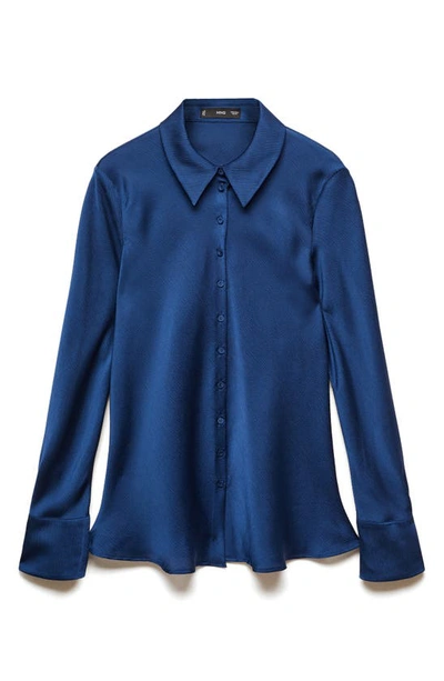 Mango Textured Satin Button-up Shirt In Medium Blue
