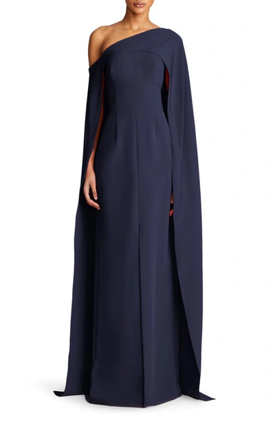 Shop Halston Elycia Capelet Stretch Crepe Gown In Navy