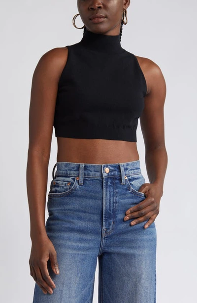 Shop Open Edit Mock Neck Sleeveless Crop Sweater In Black