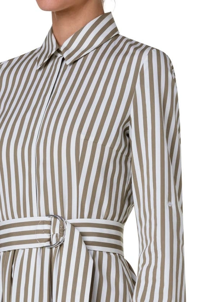 Shop Akris Punto Stripe Long Sleeve Cotton Poplin Shirtdress In Sage-cream