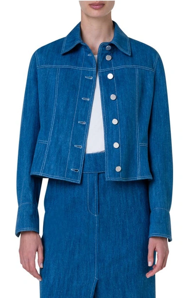 Shop Akris Punto Cotton Stretch Denim Crop Jacket In Medium Blue Denim