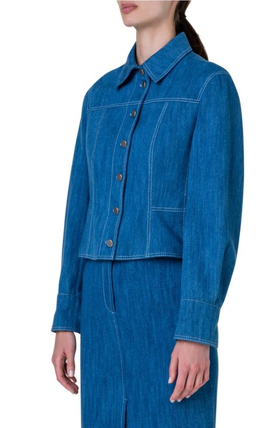 Shop Akris Punto Cotton Stretch Denim Crop Jacket In Medium Blue Denim