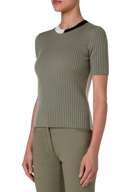 Shop Akris Punto Colorblock Short Sleeve Virgin Wool Rib Sweater T-shirt In Sage-cream