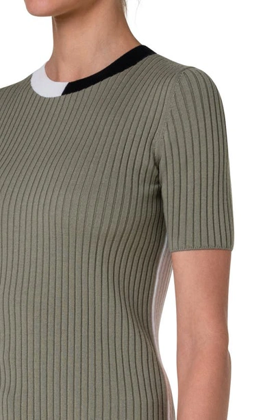 Shop Akris Punto Colorblock Short Sleeve Virgin Wool Rib Sweater T-shirt In Sage-cream