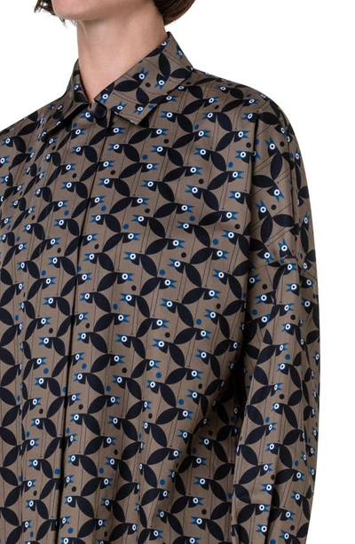 Shop Akris Punto Abstract Bird Print Cotton Sateen Button-up Shirt In Sage-black