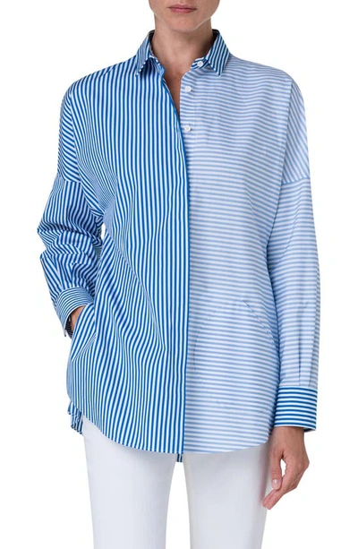 Shop Akris Punto Mixed Directional Stripe Cotton Poplin Button-up Shirt In Ink-sky-cream