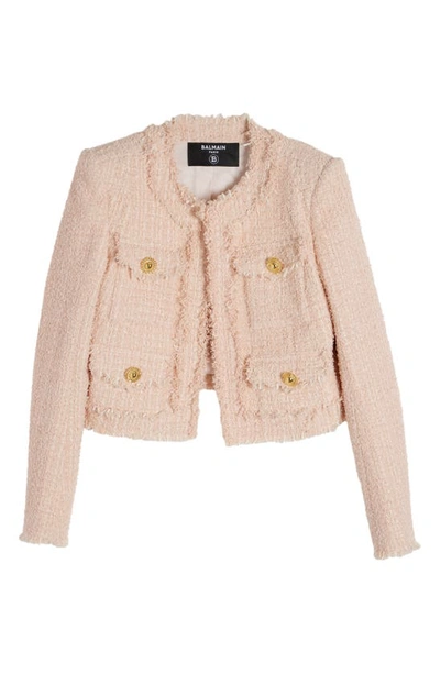 Shop Balmain Four-pocket Open Front Tweed Jacket In Beige/ Pink