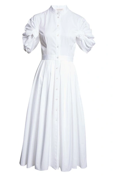 Shop Alexander Mcqueen Knotted Sleeve Cotton Shirtdress In Optical White