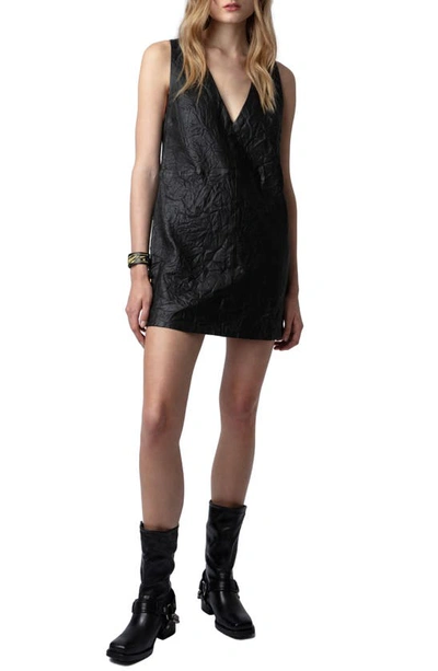 Shop Zadig & Voltaire Rasha Sleeveless Crinkled Leather Minidress In Noir