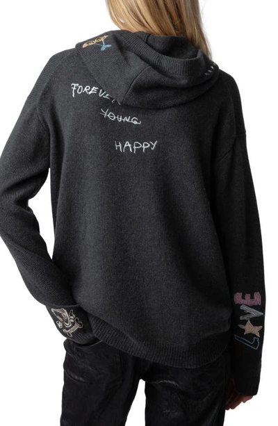 Shop Zadig & Voltaire Marky Embroidered Detail Cashmere Hoodie In Kaki Slate
