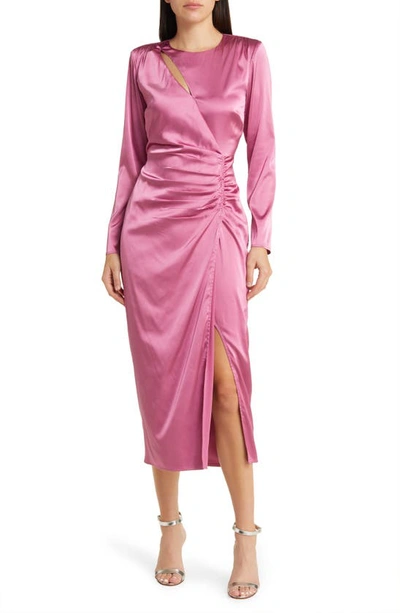 Shop Floret Studios Side Ruched Long Sleeve Satin Midi Dress In Orchid