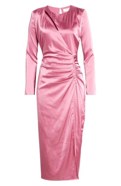 Shop Floret Studios Side Ruched Long Sleeve Satin Midi Dress In Orchid