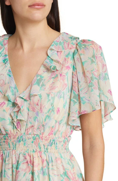 Shop Floret Studios Floral Ruffle Detail Dress In Pink Green Floral