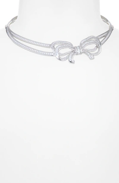 Shop Judith Leiber Pavé Bow Double Strand Necklace In Silver/ Clear