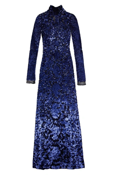 Shop Tom Ford Sequin Snake Design Long Sleeve Gown In Blue