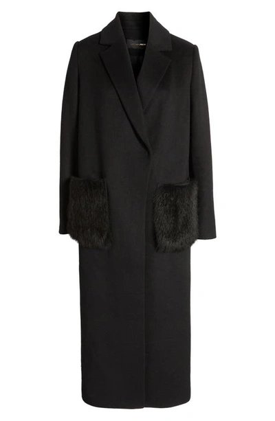 Kobi Halperin Channing Genuine Shearling Trim Wool Blend Coat In Black