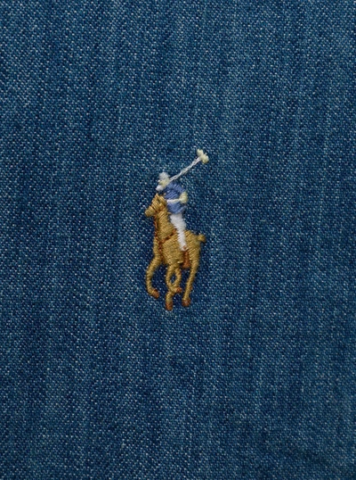 Shop Polo Ralph Lauren Blue Slim Shirt With Logo Embroidery In Cotton Denim Man