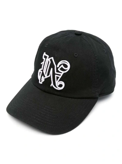 Shop Palm Angels Black Baseball Cap With Embroidered Monogram In Cotton Man
