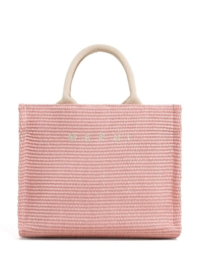Shop Marni Pink Tote Bag With Logo Embroidery In Rafia Effect Fabric Woman