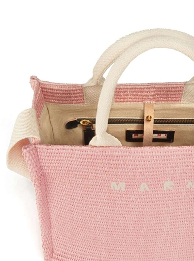 Shop Marni Pink Tote Bag With Logo Embroidery In Rafia Effect Fabric Woman
