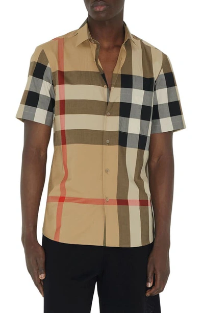Shop Burberry Summerton Archive Short Sleeve Check Cotton Poplin Button-up Shirt In Archive Beige Ip Chk